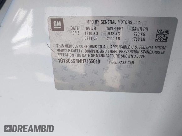 2017 Chevrolet Cruze LS with VIN 1G1BC5SM4H7165610, listed as a IAAI auction lot 41709729 with 24,853 mi miles and . Bid and sale history available at DreamBid. Image 9.