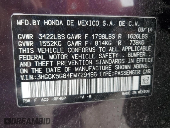 2015 Honda Fit EX with VIN 3HGGK5G84FM729496, listed as a Copart auction lot 55996315 with 91,310 mi miles and Salvage title. Bid and sale history available at DreamBid. Image 13.