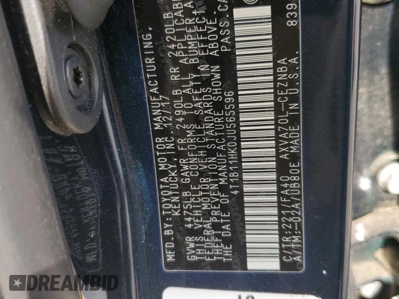 2018 Toyota Camry LE with VIN 4T1B11HK0JU565596, listed as a Copart auction lot 60219235 with 9,809 mi miles and Salvage title. Bid and sale history available at DreamBid. Image 12.