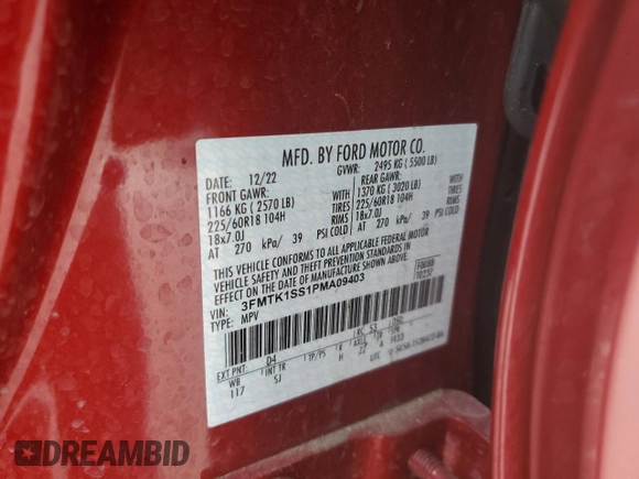 2023 Ford Mustang Mach-E Select with VIN 3FMTK1SS1PMA09403, listed as a Copart auction lot 49500935 with 34,435 mi miles and Salvage title. Bid and sale history available at DreamBid. Image 13.