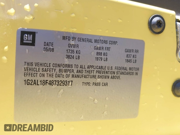 2008 Pontiac G5 with VIN 1G2AL18F487329317, listed as a IAAI auction lot 41403707 with 111,555 mi miles. Bid and sale history available at carsss.com. Image 9.