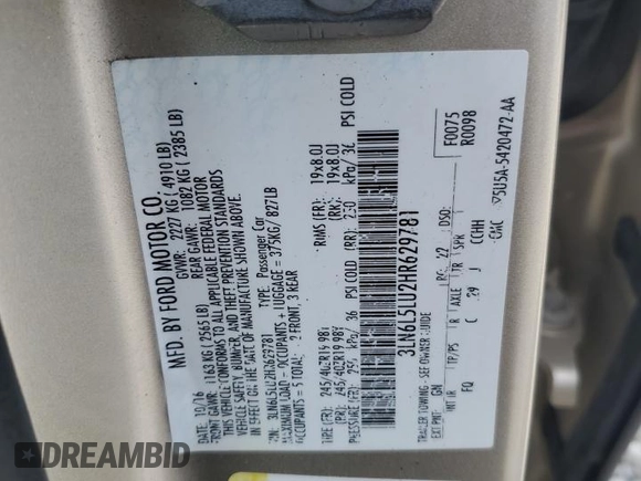 2017 Lincoln MKZ Hybrid Select with VIN 3LN6L5LU2HR629781, listed as a Copart auction lot 56787795 with 124,455 mi miles and Salvage title. Bid and sale history available at DreamBid. Image 12.