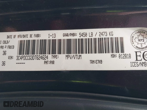 2013 Dodge Journey Crew with VIN 3C4PDCCG3DT624624, listed as a IAAI auction lot 40821573 with 134,323 mi miles and . Bid and sale history available at DreamBid. Image 9.