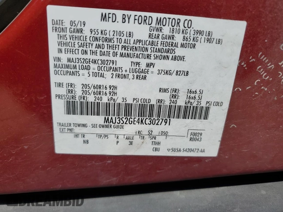 2019 Ford EcoSport SE z VIN MAJ3S2GE4KC302791, wystawiony jako Copart lot #53673525 z przebiegiem 54 600 mil mil oraz Czysty tytuł • Clean title. Historia ofert i sprzedaży dostępna na DreamBid. Obrazek 13.