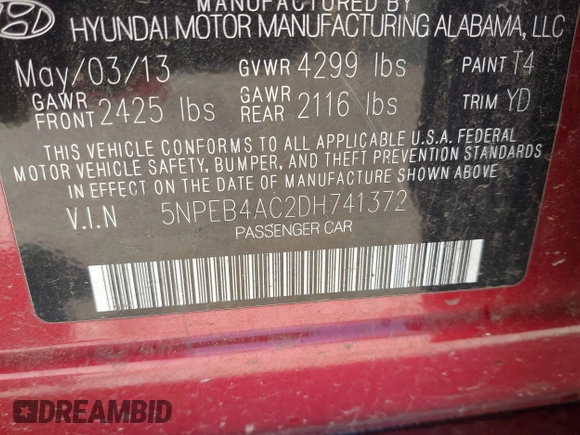 2013 Hyundai Sonata GLS with VIN 5NPEB4AC2DH741372, listed as a IAAI auction lot 42141637 with 213,493 mi miles and . Bid and sale history available at carsss.com. Image 9.