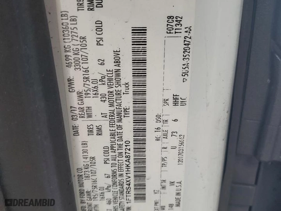 2017 Ford Transit Van with VIN 1FTRS4XV1HKA87210, listed as a Copart auction lot 45273145 with 137,738 mi miles and Salvage Title. Bid and sale history available at carsss.com. Image 13.