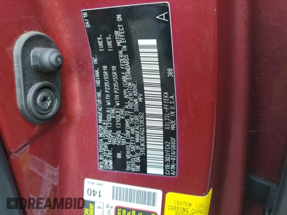 2016 Toyota Sienna LE with VIN 5TDJK3DC4GS138362, listed as a Copart auction lot 74980834 with 0 mi miles and Non Repairable. Bid and sale history available at carsss.com. Image 14.