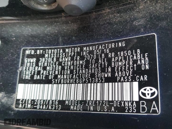 2016 Toyota Corolla L z VIN 5YFBURHE6GP513853, wystawiony jako Copart lot #87652715 z przebiegiem 145 502 mil mil oraz Szkoda całkowita • Salvage title. Historia ofert i sprzedaży dostępna na DreamBid. Obrazek 12.