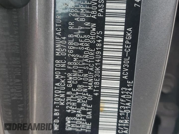 2004 Toyota Camry LE with VIN 4T1BE30K14U918475, listed as a Copart auction lot 47646465 with 258,973 mi miles and Salvage Title. Bid and sale history available at DreamBid. Image 12.