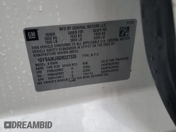 2016 Cadillac Escalade ESV Premium Collection with VIN 1GYS4JKJ0GR227326, listed as a Copart auction lot 51235985 with 132,327 mi miles and Salvage title. Bid and sale history available at DreamBid. Image 13.