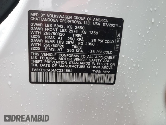 2021 Volkswagen Atlas SE with VIN 1V2KE2CA5MC234552, listed as a Copart auction lot 83522974 with 60,349 mi miles and Salvage title. Bid and sale history available at DreamBid. Image 13.