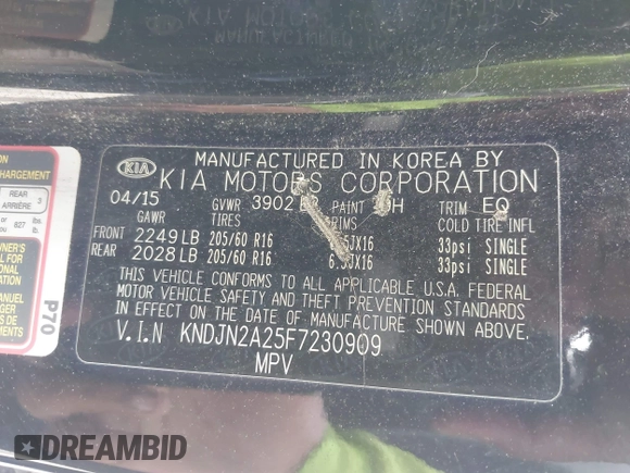 2015 Kia Soul with VIN KNDJN2A25F7230909, listed as a IAAI auction lot 41939532 with 59,288 mi miles. Bid and sale history available at carsss.com. Image 9.