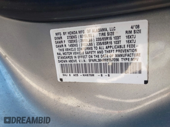 2008 Honda Odyssey EX with VIN 5FNRL38428B067056, listed as a IAAI auction lot 42051312 with 199,405 mi miles. Bid and sale history available at carsss.com. Image 9.