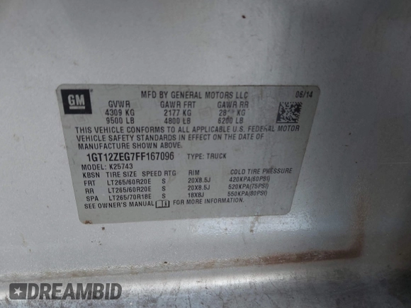 2015 GMC Sierra 2500HD available WiFi SLT with VIN 1GT12ZEG7FF167096, listed as a IAAI auction lot 41408317 with 152,969 mi miles. Bid and sale history available at carsss.com. Image 9.