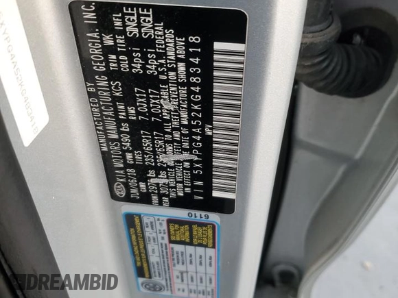 2019 Kia Sorento S with VIN 5XYPG4A52KG483418, listed as a Copart auction lot 88482865 with 193,880 mi miles and Clean Title. Bid and sale history available at DreamBid. Image 13.