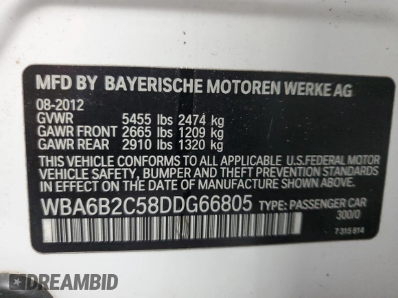 2013 BMW 6 Series 650i with VIN WBA6B2C58DDG66805, listed as a Copart auction lot 44917915 with 135,791 mi miles and Clean Title. Bid and sale history available at DreamBid. Image 12.