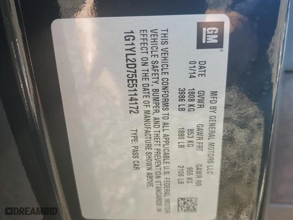 2014 Chevrolet Corvette Stingray Z51 3LT with VIN 1G1YL2D75E5114172, listed as a Copart auction lot 73755984 with 0 mi miles and Non Repairable. Bid and sale history available at carsss.com. Image 13.