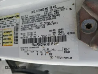 2016 Ford Fusion SE with VIN 3FA6P0HD1GR381385, listed as a Copart auction lot 62664685 with 283,123 mi miles and Salvage title. Bid and sale history available at DreamBid. Image 12.