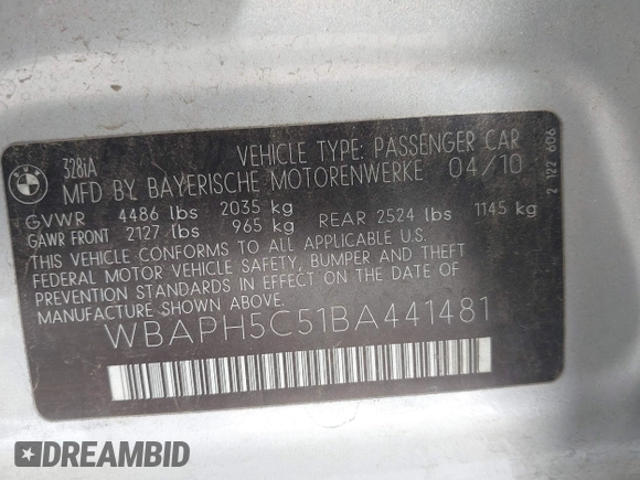 2011 BMW 3 Series 328i with VIN WBAPH5C51BA441481, listed as a IAAI auction lot 41891465 with 116,780 mi miles and . Bid and sale history available at carsss.com. Image 9.
