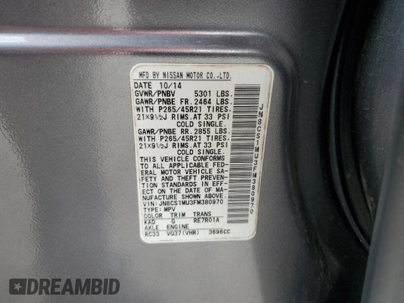 2015 Infiniti QX70 with VIN JN8CS1MU3FM380970, listed as a Copart auction lot 54387985 with 126,955 mi miles and Salvage Title. Bid and sale history available at DreamBid. Image 13.