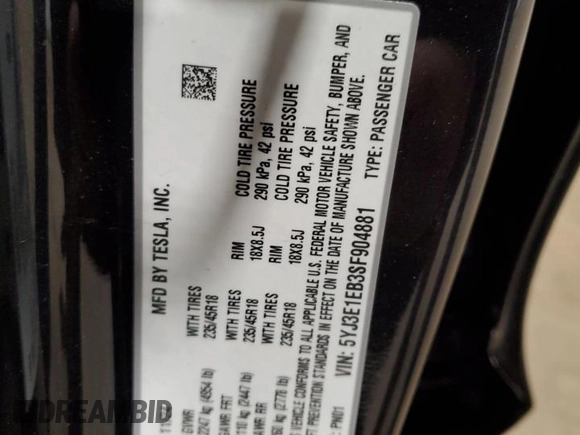 2025 Tesla Model 3 Long Range with VIN 5YJ3E1EB3SF904881, listed as a Copart auction lot 52704205 with 1,904 mi miles and Salvage Title. Bid and sale history available at DreamBid. Image 13.
