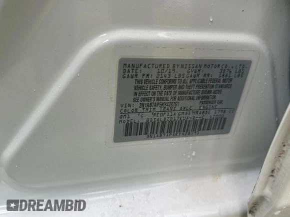 2019 Nissan Sentra SV z VIN 3N1AB7AP5KY428791, wystawiony jako Copart lot #60102005 z przebiegiem 130 972 mil mil oraz Czysty tytuł • Clean title. Historia ofert i sprzedaży dostępna na DreamBid. Obrazek 10.