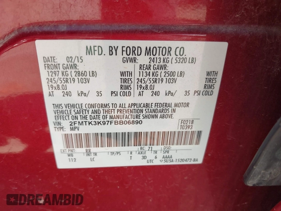 2015 Ford Edge Titanium z VIN 2FMTK3K97FBB06890, wystawiony jako IAAI lot #42241919 z przebiegiem 179 181 mil mil oraz . Historia ofert i sprzedaży dostępna na DreamBid. Obrazek 9.