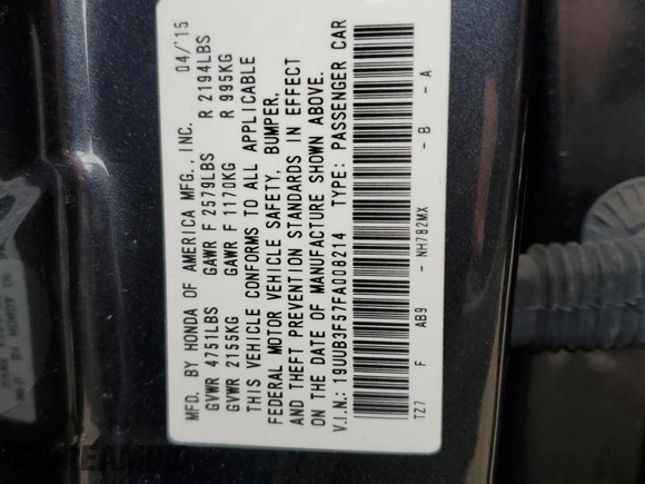 2015 Acura TLX Technology with VIN 19UUB3F57FA008214, listed as a Copart auction lot 58093535 with 106,741 mi miles and Salvage title. Bid and sale history available at DreamBid. Image 12.