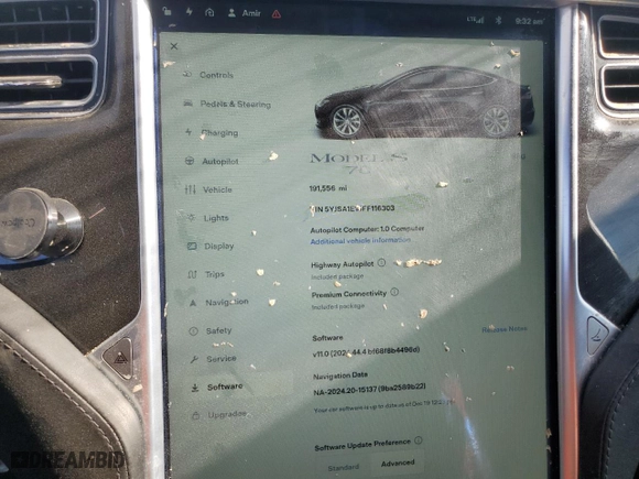 2015 Tesla Model S 85 kWh Battery with VIN 5YJSA1E15FF116303, listed as a Copart auction lot 53163615 with 191,556 mi miles and Salvage Title. Bid and sale history available at carsss.com. Image 9.