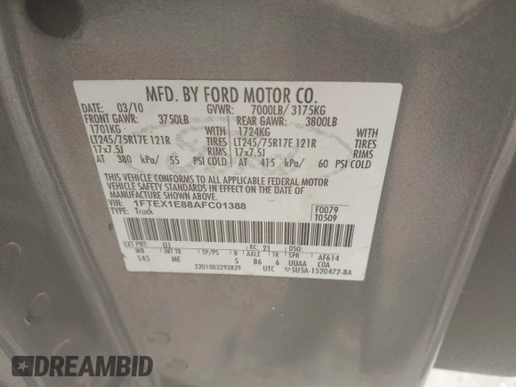 2010 Ford F-150 XL with VIN 1FTEX1E88AFC01388, listed as a IAAI auction lot 41944920 with 257,024 mi miles. Bid and sale history available at carsss.com. Image 9.