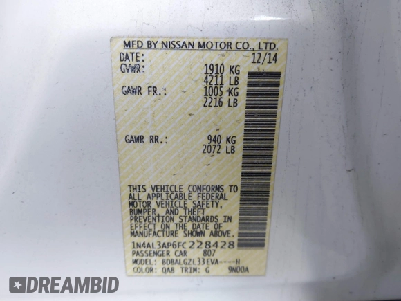 2015 Nissan Altima 2.5 S with VIN 1N4AL3AP6FC228428, listed as a IAAI auction lot 41966303 with 118,706 mi miles. Bid and sale history available at carsss.com. Image 9.