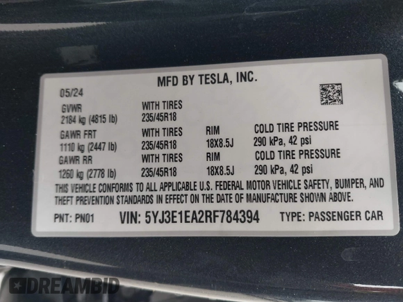 2024 Tesla Model 3 z VIN 5YJ3E1EA2RF784394, wystawiony jako IAAI lot #42034036 z przebiegiem 14 594 mil mil oraz . Historia ofert i sprzedaży dostępna na DreamBid. Obrazek 9.