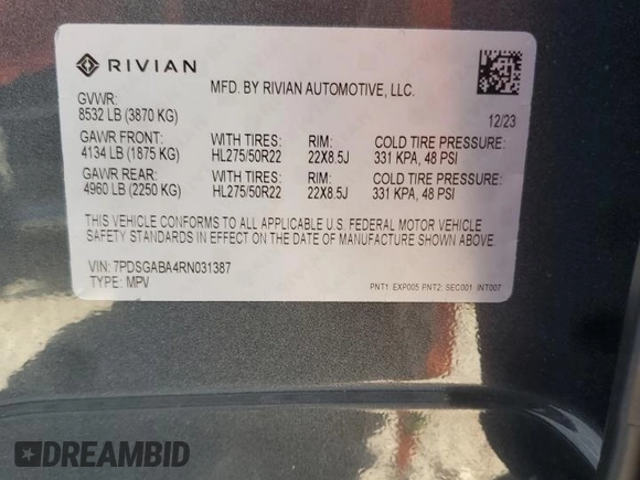 2024 Rivian R1S Adventure with VIN 7PDSGABA4RN031387, listed as a Copart auction lot 75098504 with Not Provided miles and Salvage Title. Bid and sale history available at carsss.com. Image 14.