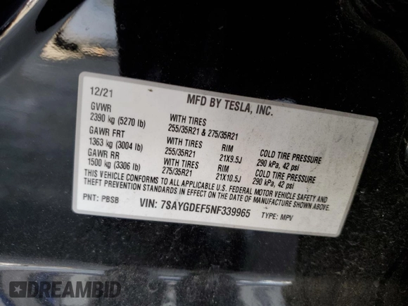 2022 Tesla Model Y Performance with VIN 7SAYGDEF5NF339965, listed as a Copart auction lot 62187545 with 93,156 mi miles and Salvage title. Bid and sale history available at DreamBid. Image 12.