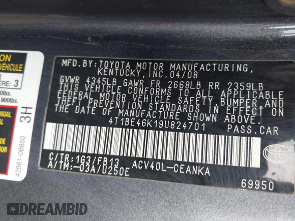 2009 Toyota Camry z VIN 4T1BE46K19U824701, wystawiony jako IAAI lot #41738779 z przebiegiem 225 469 mil mil oraz . Historia ofert i sprzedaży dostępna na DreamBid. Obrazek 9.