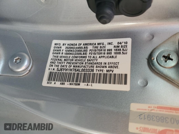 2010 Honda Element EX with VIN 5J6YH1H76AL003336, listed as a Copart auction lot 89178895 with 126,907 mi miles and Salvage Title. Bid and sale history available at DreamBid. Image 15.