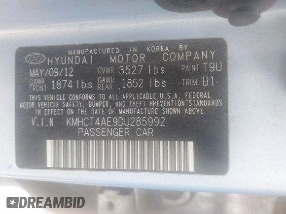 2013 Hyundai Accent GLS with VIN KMHCT4AE9DU285992, listed as a IAAI auction lot 42508614 with 268,347 mi miles and . Bid and sale history available at DreamBid. Image 9.