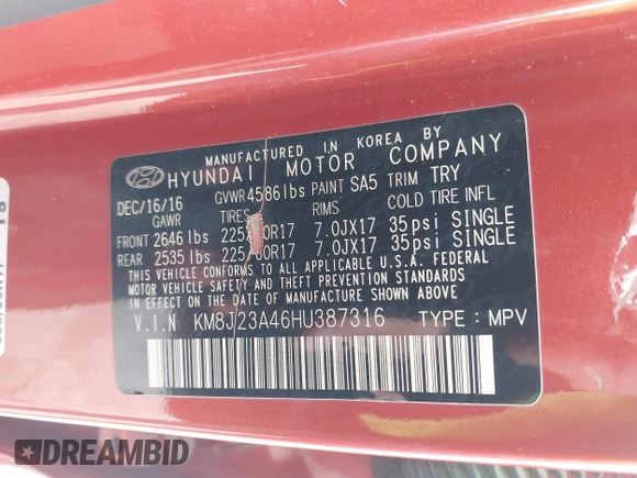 2017 Hyundai Tucson SE z VIN KM8J23A46HU387316, wystawiony jako IAAI lot #42074274 z przebiegiem Nie podano mil oraz . Historia ofert i sprzedaży dostępna na DreamBid. Obrazek 9.