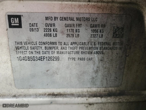 2014 Buick LaCrosse Leather with VIN 1G4GB5G34EF126299, listed as a Copart auction lot 43259535 with 185,165 mi miles and Salvage Title. Bid and sale history available at carsss.com. Image 13.