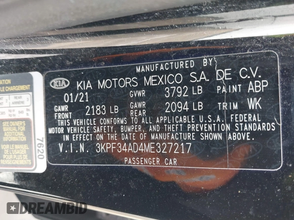2021 Kia Forte GT-Line with VIN 3KPF34AD4ME327217, listed as a IAAI auction lot 41558540 with 61,518 mi miles and . Bid and sale history available at carsss.com. Image 9.
