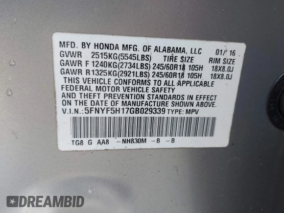 2016 Honda Pilot LX with VIN 5FNYF5H17GB029339, listed as a IAAI auction lot 41837038 with Not Provided miles and . Bid and sale history available at DreamBid. Image 9.