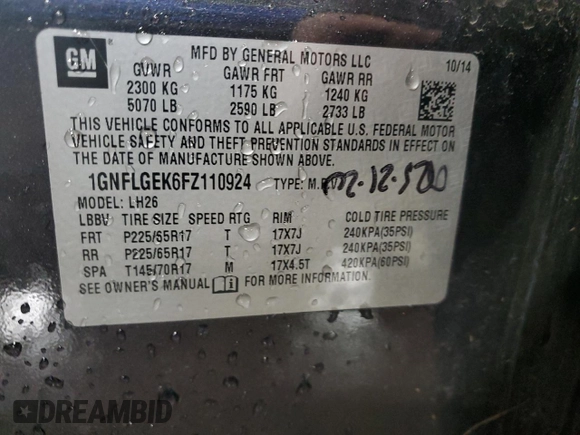 2015 Chevrolet Equinox LT with VIN 1GNFLGEK6FZ110924, listed as a Copart auction lot 86530244 with 111,392 mi miles and Salvage Title. Bid and sale history available at carsss.com. Image 15.