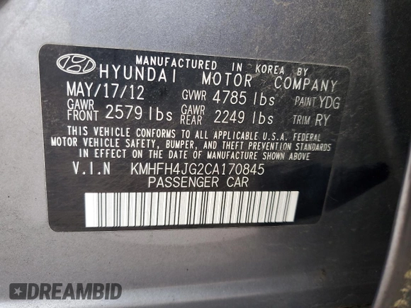 2012 Hyundai Azera z VIN KMHFH4JG2CA170845, wystawiony jako Copart lot #54875955 z przebiegiem 98 047 mil mil oraz Szkoda całkowita • Salvage title. Historia ofert i sprzedaży dostępna na DreamBid. Obrazek 12.