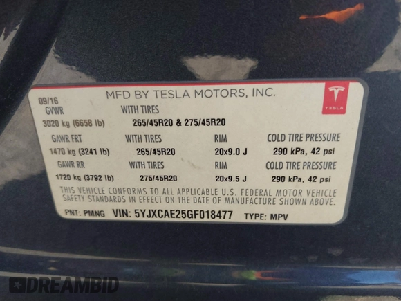 2016 Tesla Model X 70D z VIN 5YJXCAE25GF018477, wystawiony jako IAAI lot #42208404 z przebiegiem 99 380 mil mil oraz . Historia ofert i sprzedaży dostępna na DreamBid. Obrazek 9.