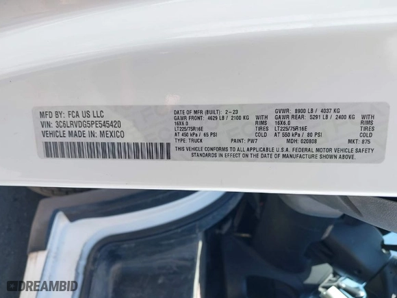 2023 Ram ProMaster Cargo Van with VIN 3C6LRVDG5PE545420, listed as a IAAI auction lot 42028783 with 37,263 mi miles. Bid and sale history available at carsss.com. Image 9.
