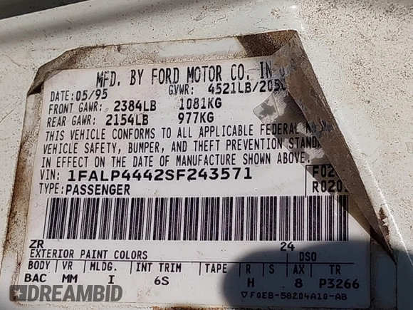 1995 Ford Mustang with VIN 1FALP4442SF243571, listed as a IAAI auction lot 42306376 with 227,445 mi miles and . Bid and sale history available at DreamBid. Image 9.
