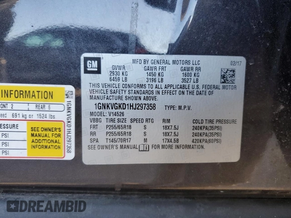 2017 Chevrolet Traverse LT with VIN 1GNKVGKD1HJ297358, listed as a Copart auction lot 48249735 with 99,047 mi miles and Salvage Title. Bid and sale history available at DreamBid. Image 15.