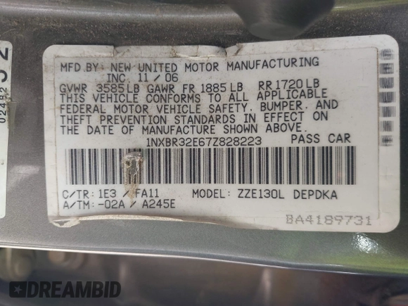 2007 Toyota Corolla CE z VIN 1NXBR32E67Z828223, wystawiony jako IAAI lot #41557711 z przebiegiem 197 512 mil mil oraz . Historia ofert i sprzedaży dostępna na DreamBid. Obrazek 9.