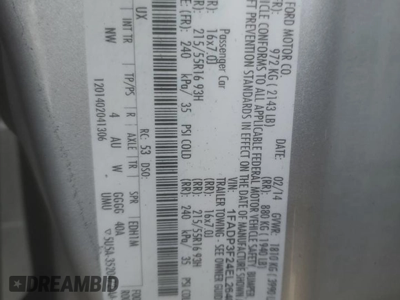 2014 Ford Focus SE with VIN 1FADP3F24EL264003, listed as a Copart auction lot 43800485 with 138,390 mi miles and Salvage Title. Bid and sale history available at DreamBid. Image 12.