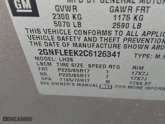 2012 Chevrolet Equinox LT w/1LT with VIN 2GNFLEEK2C6126341, listed as a IAAI auction lot 41764111 with 156,237 mi miles. Bid and sale history available at carsss.com. Image 9.